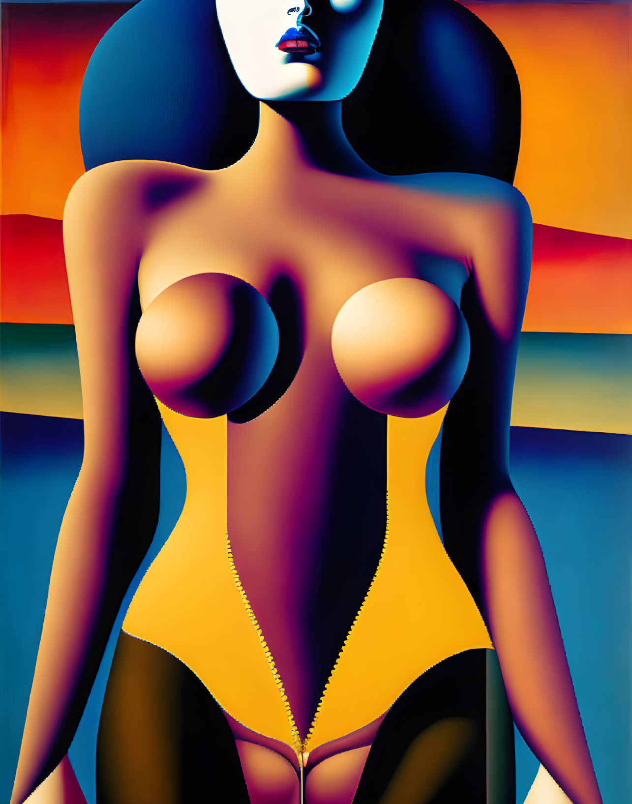 Stylized painting of woman in yellow swimsuit against vibrant backdrop