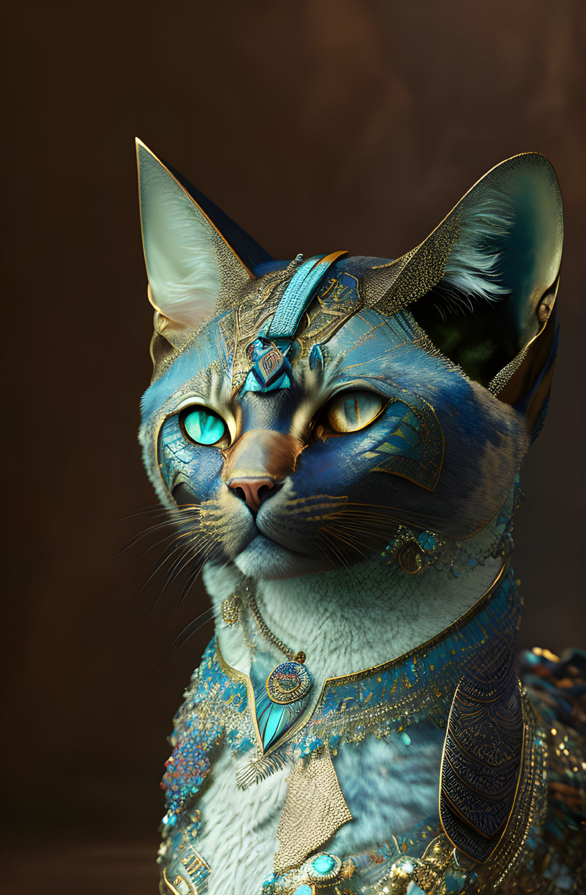 Regal digital artwork: Cat with human-like features in Egyptian-style jewelry