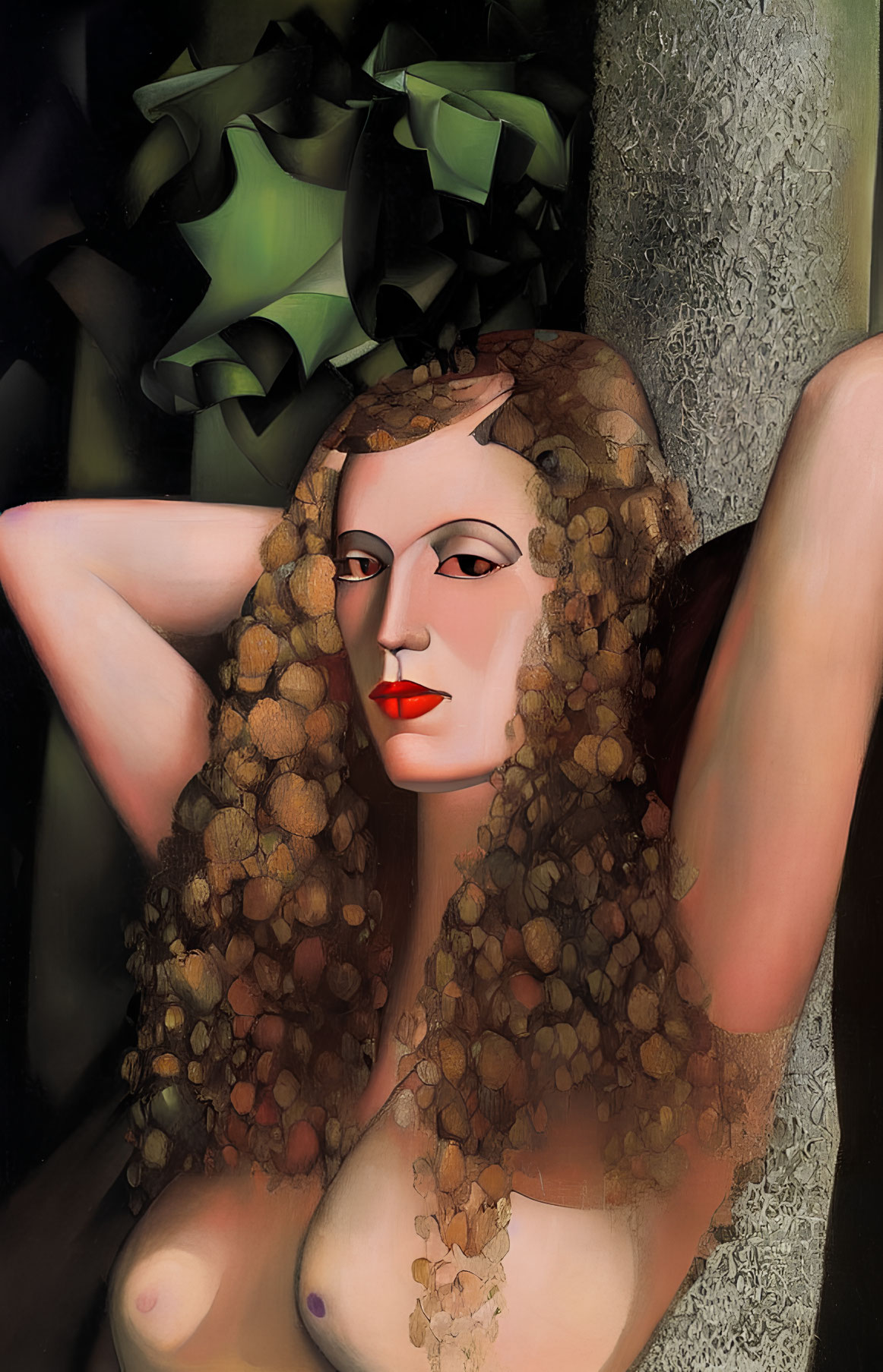 Surreal portrait of woman with grapevine hair against dark background