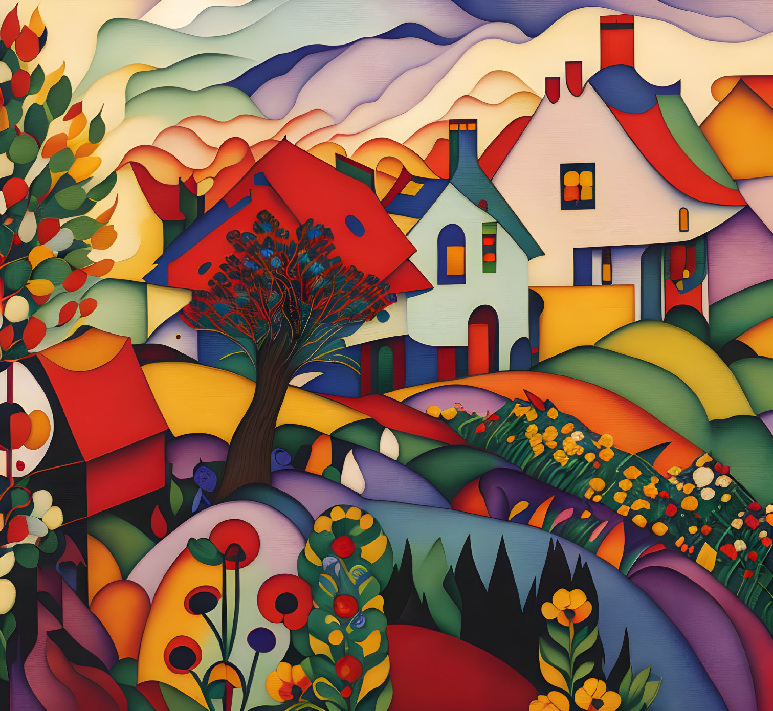 Vibrant stylized landscape with rolling hills and colorful houses