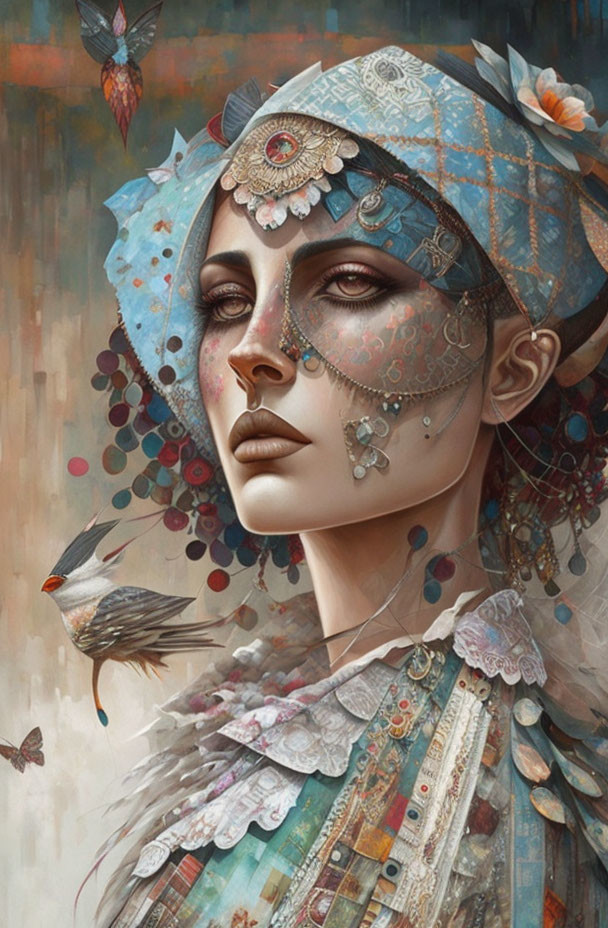 Woman with ornate face paint and headscarf, mechanical accents, birds, and autumn leaves.