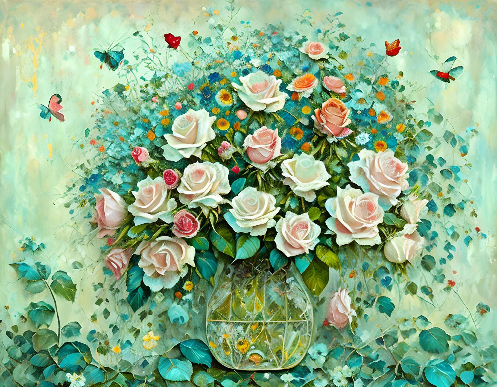 Colorful Floral Bouquet Painting with Pink Roses and Butterflies on Teal Background