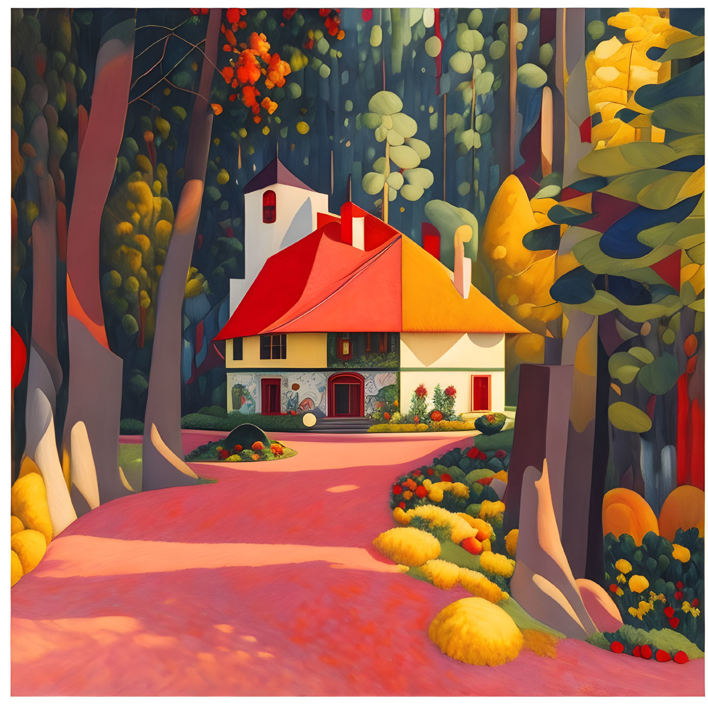 Colorful whimsical forest scene with quaint house and red roof