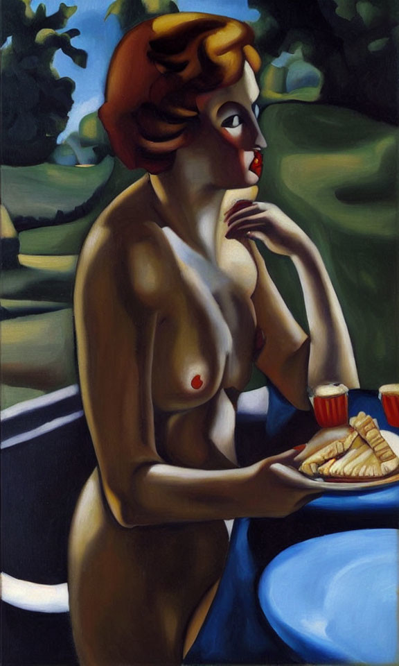 Stylized painting of nude woman with red lips and hair, table setting, dark leafy background