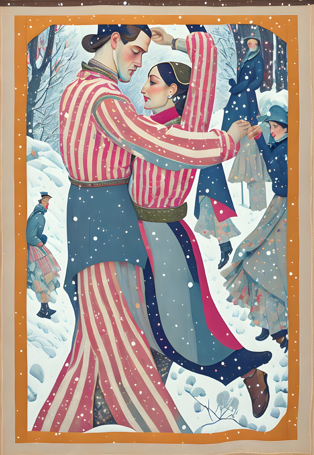 Illustration of couple dancing in snow with onlookers in vintage attire