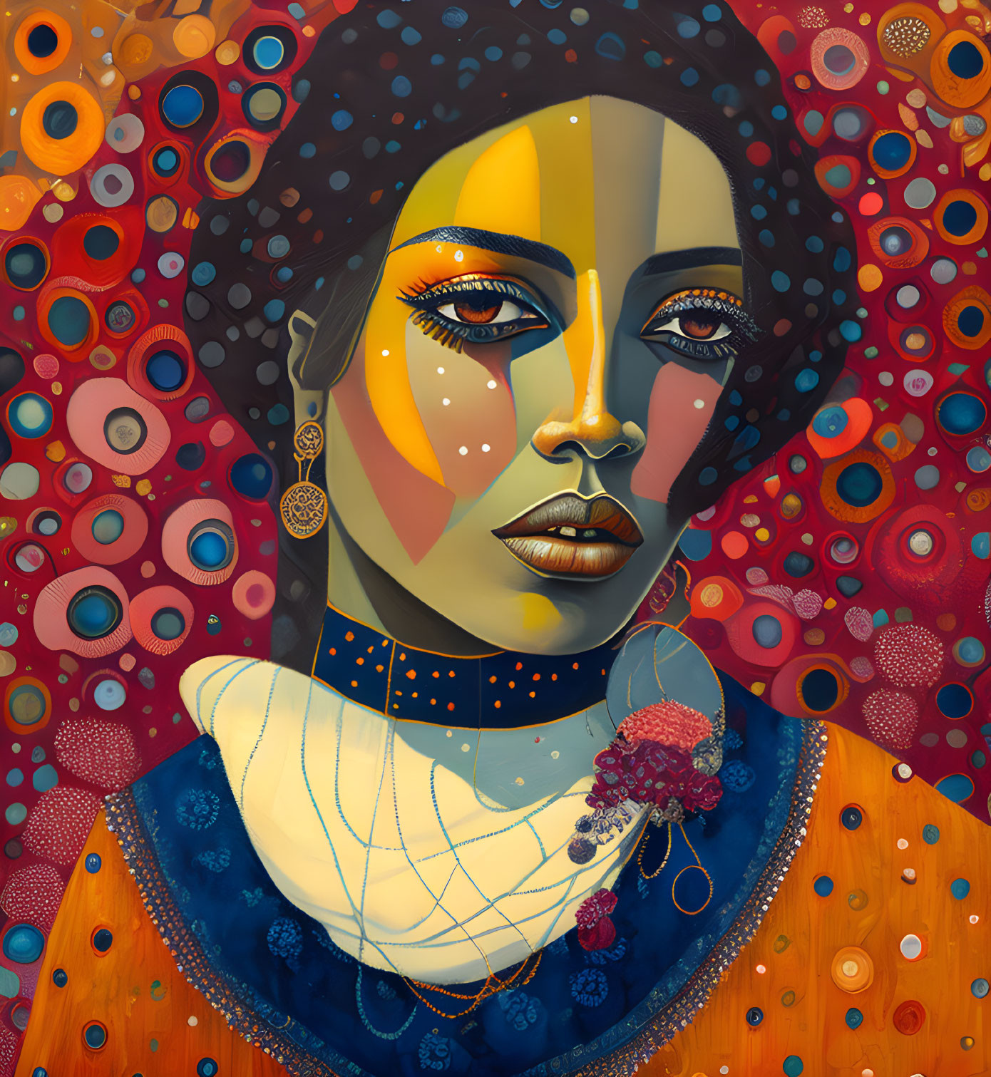 Colorful digital painting of woman with geometric patterns on face