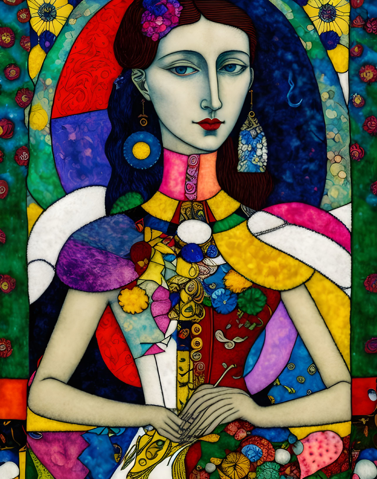 Colorful portrait of a woman with blue skin and intricate attire surrounded by vibrant patterns and flowers