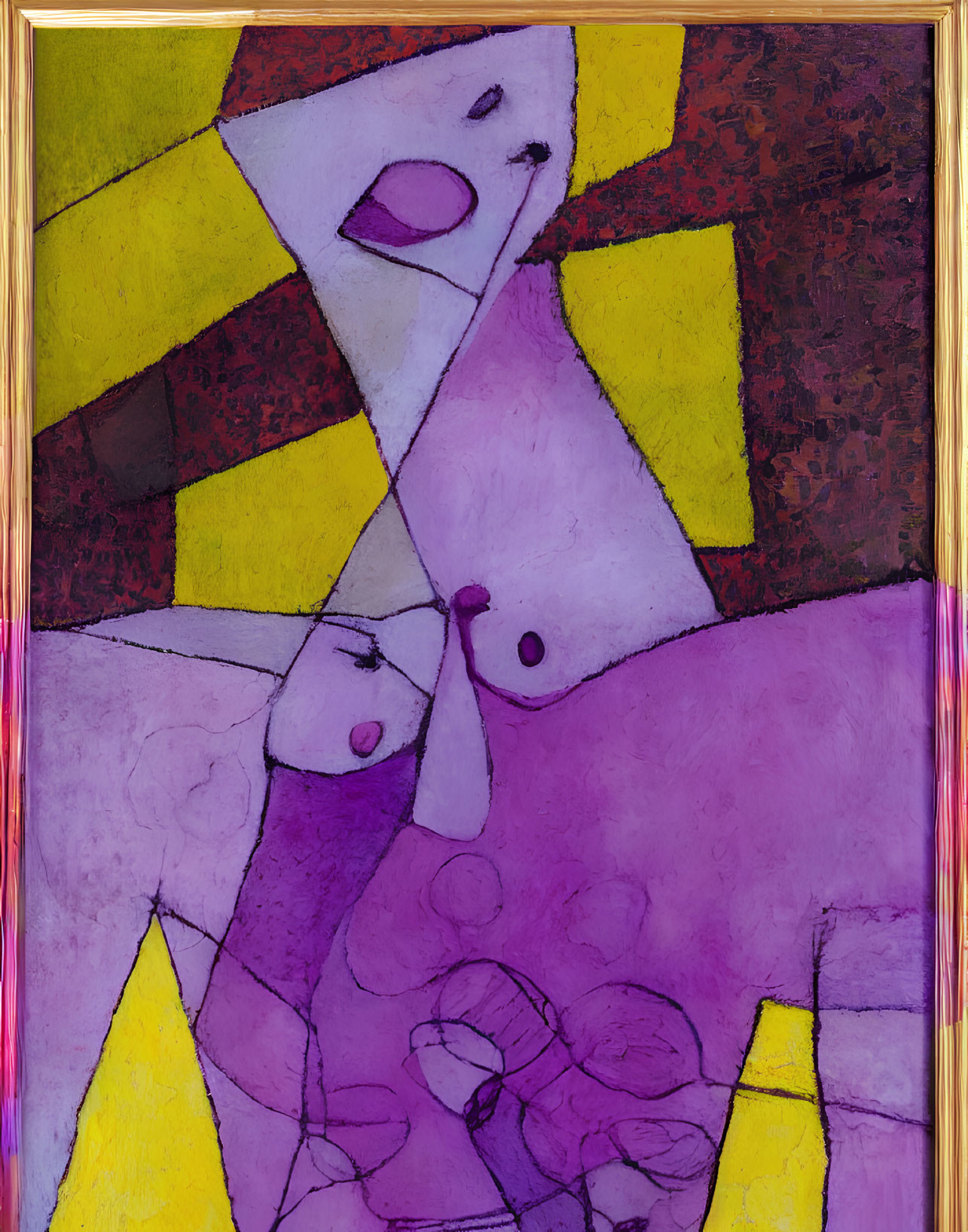 Geometric Abstract Painting in Yellow, Purple, and Red Tones