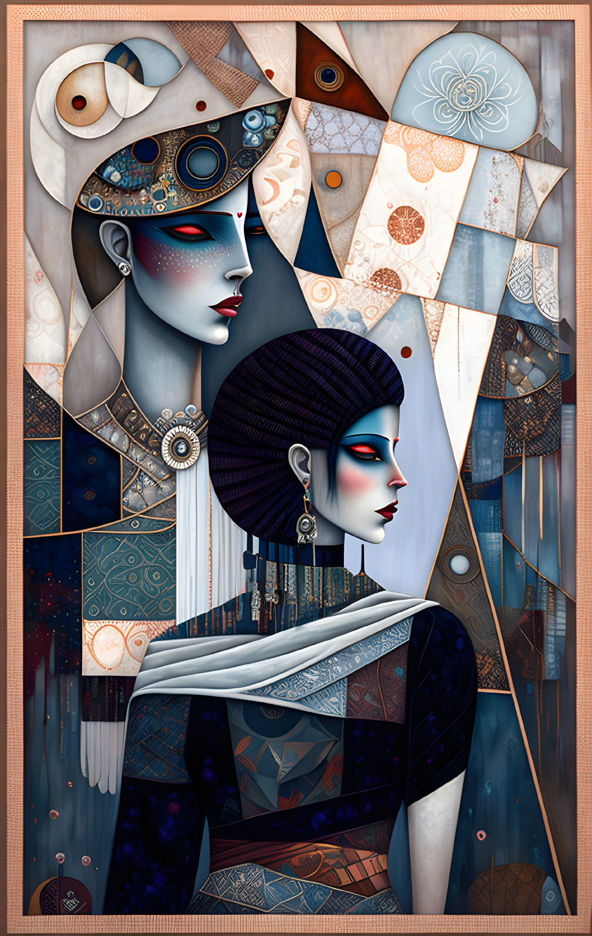 Vibrant steampunk geometric art with two figures & intricate patterns