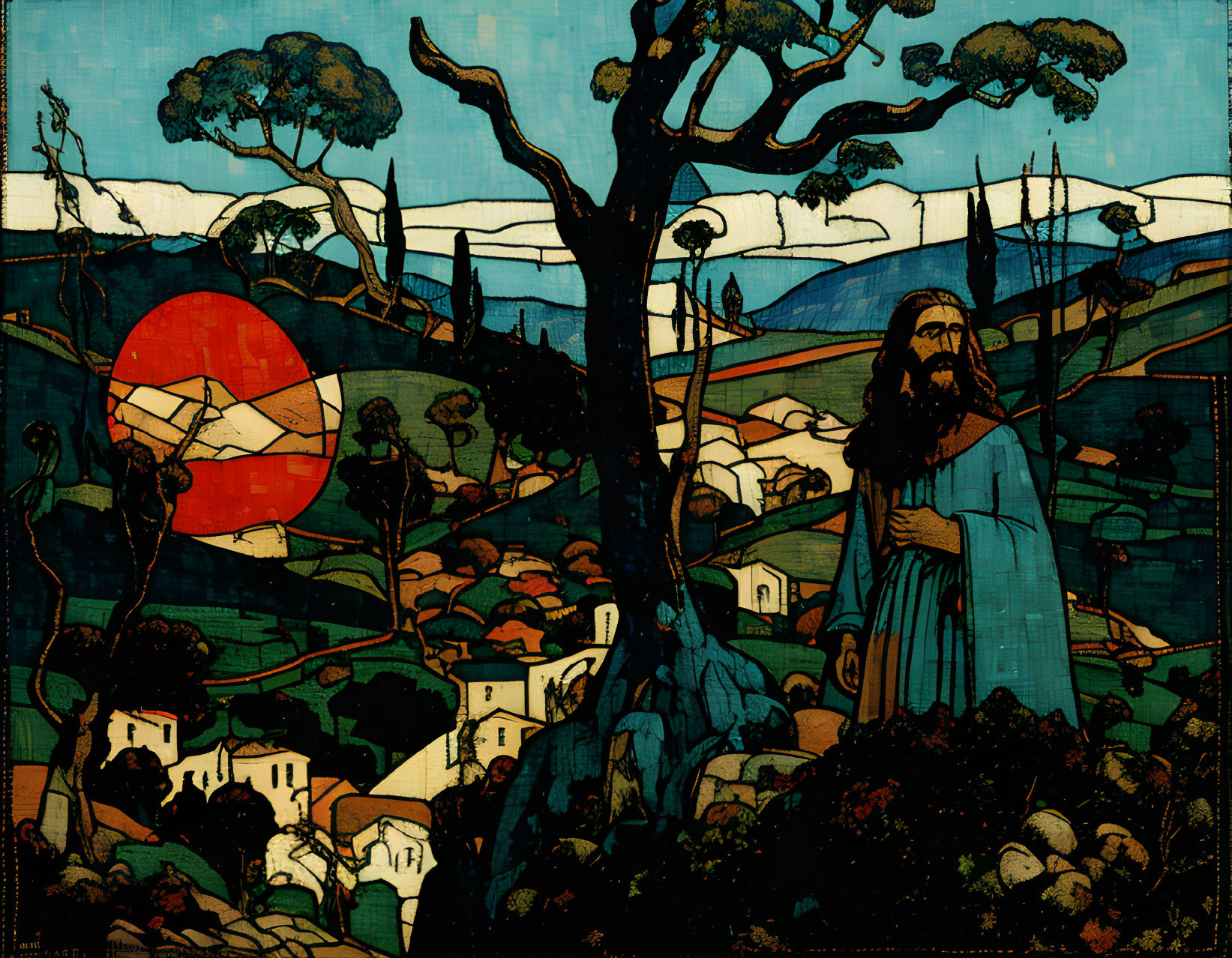 Bearded figure in robe among rolling hills with red sun