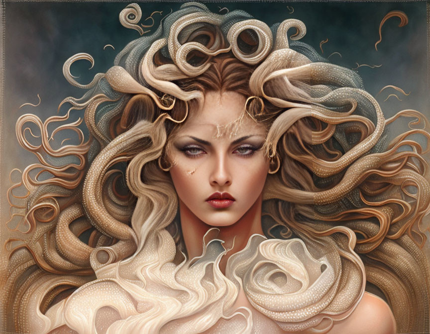 Fantastical portrait of a woman with snake-like hair and captivating gaze