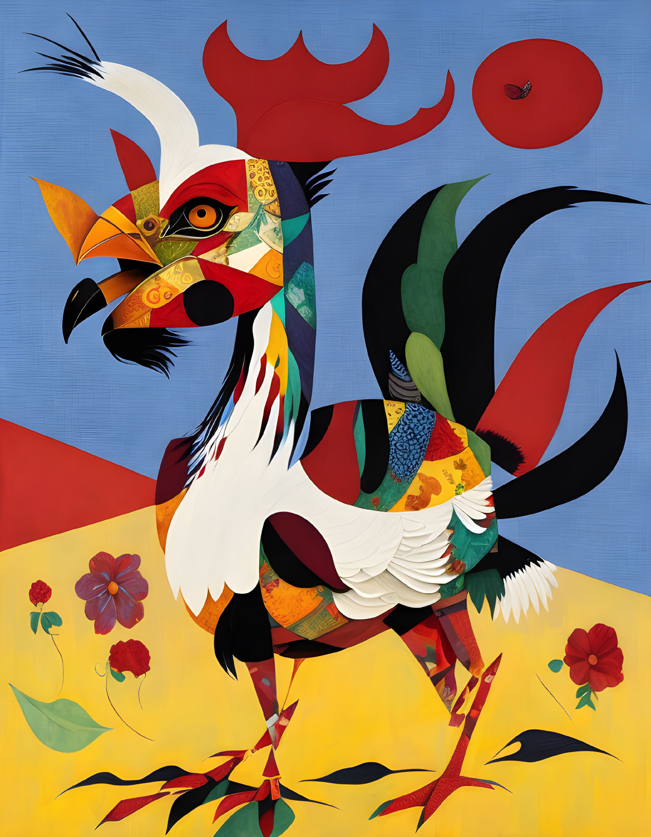 Patchwork-Style Rooster Illustration Among Flowers on Blue Background