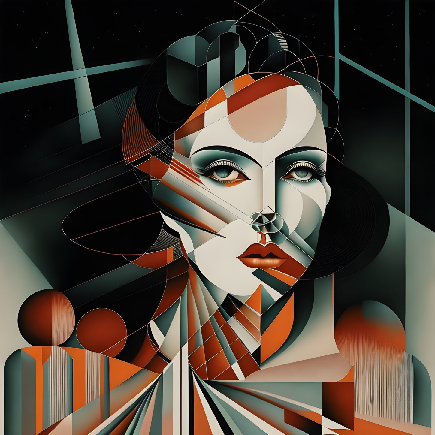 Geometric Abstract Art: Woman's Face with Earth Tones & Bold Lines