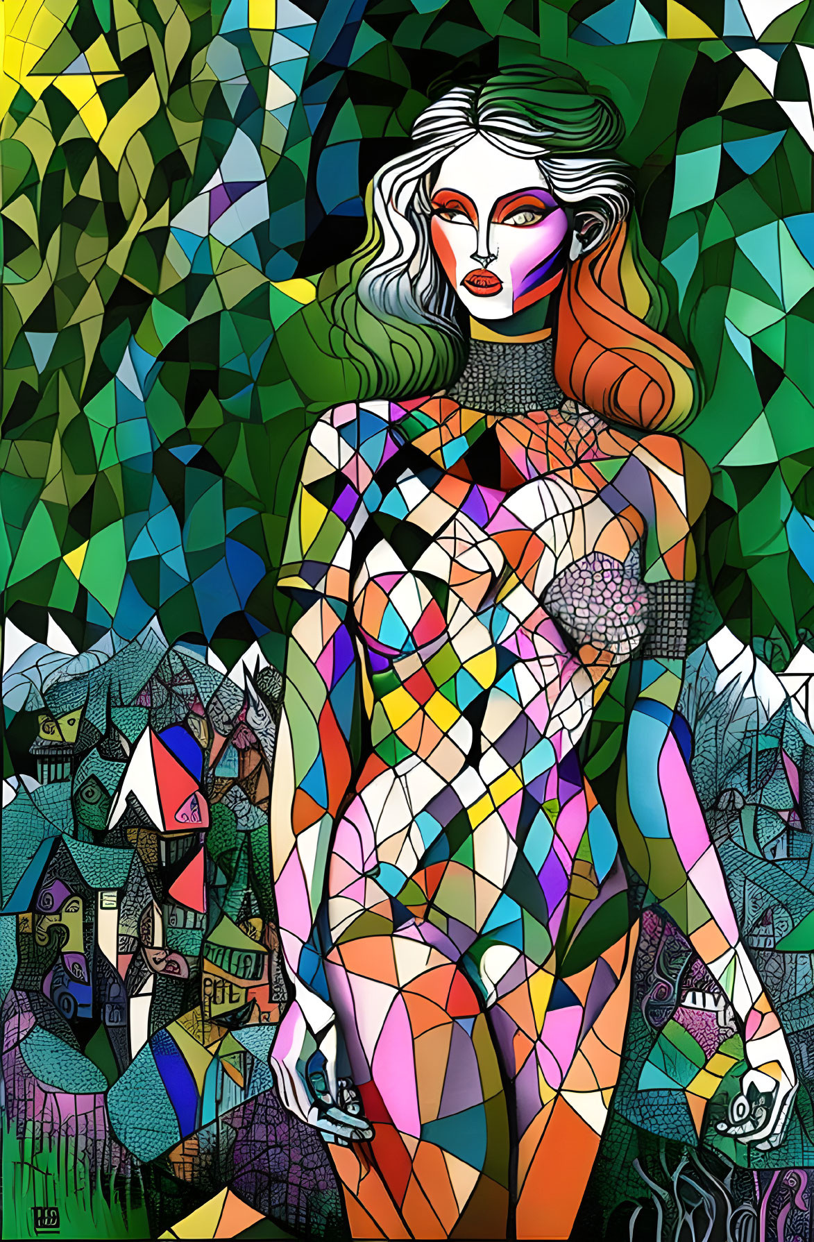 Vibrant abstract female figure with geometric patterns on whimsical village background