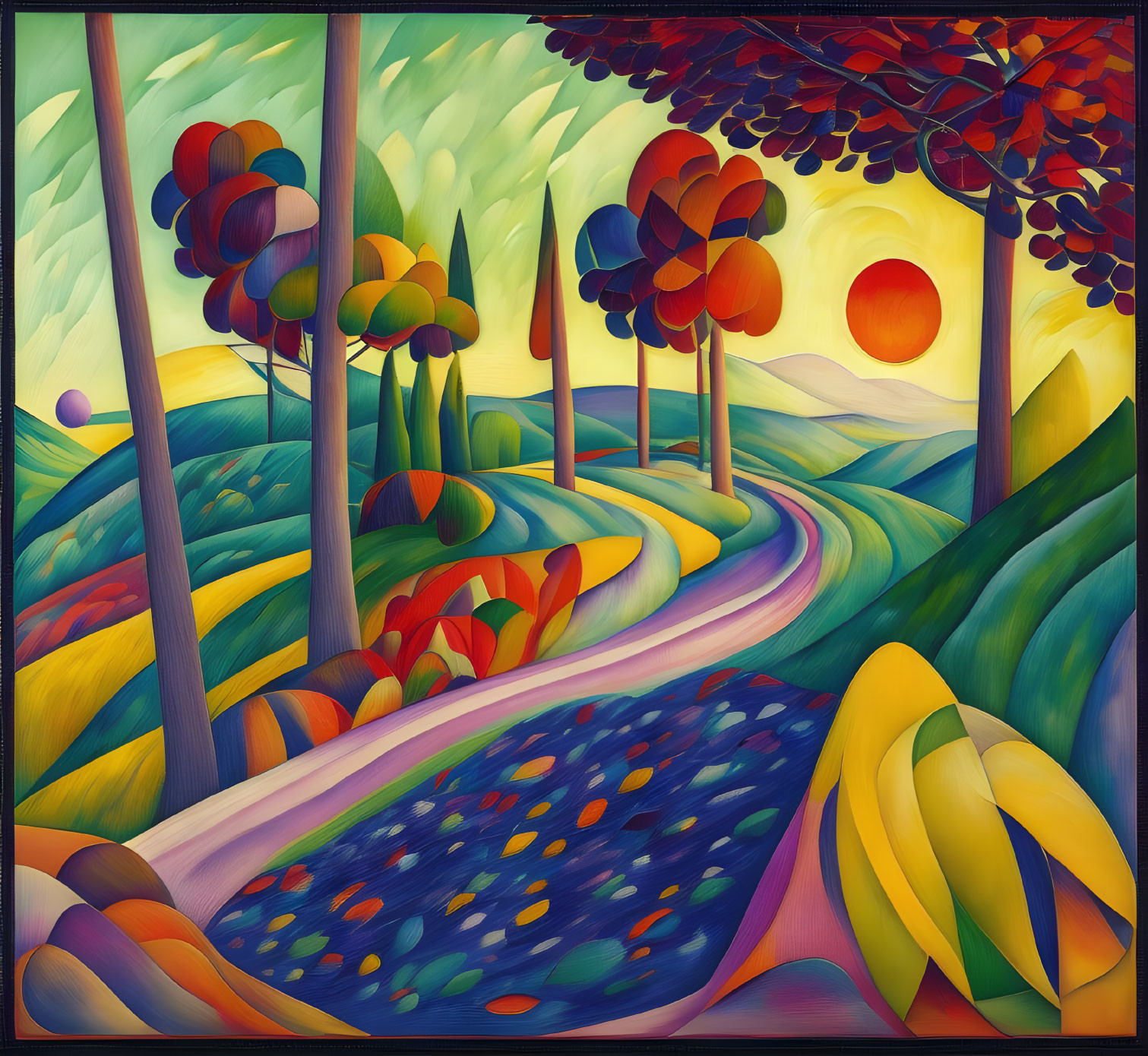 Colorful landscape painting: curvy road, trees, hills, pond, sun