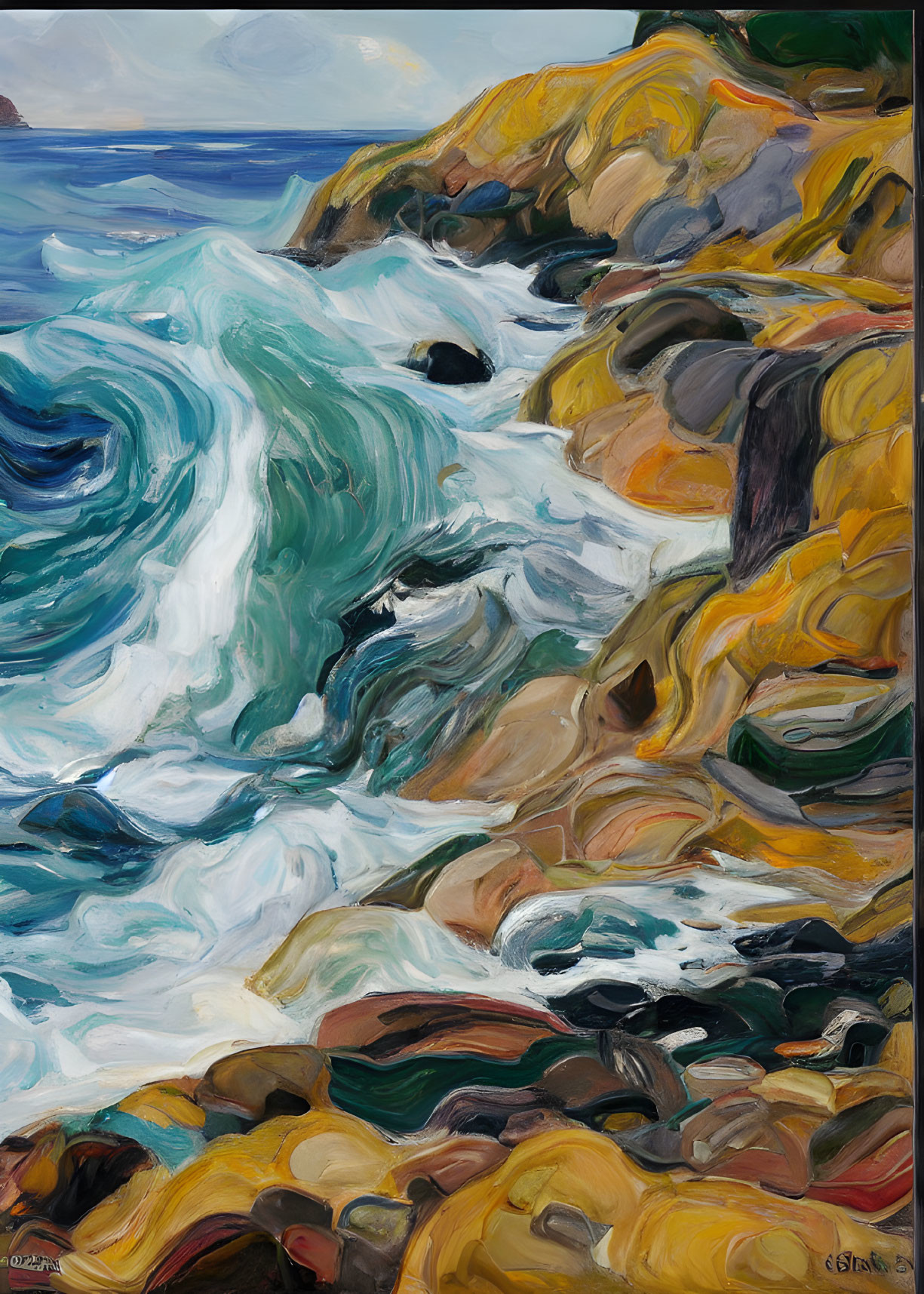 Rocky cliffs meet ocean waves in nuanced shades of brown and yellow under a bright blue sky