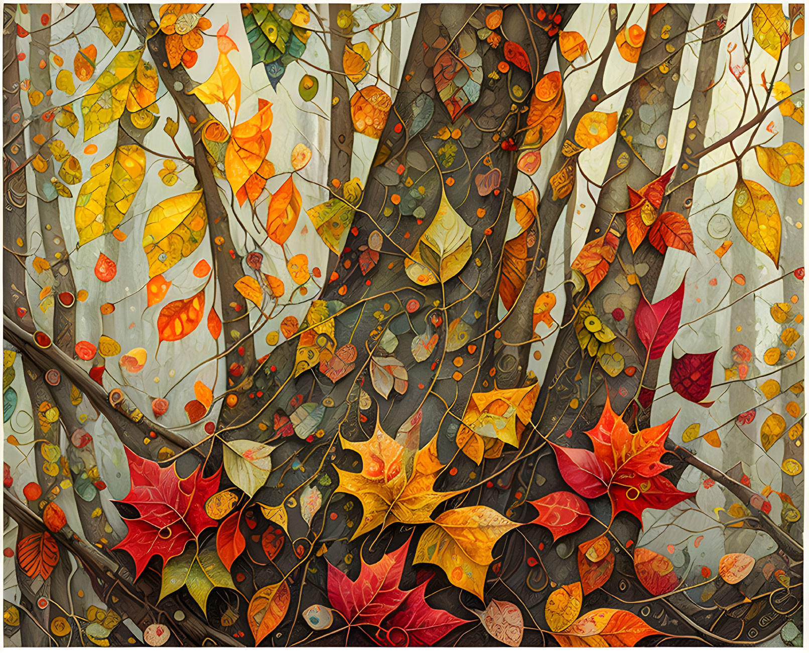 Vibrant autumn forest painting with colorful leaves and swirling patterns