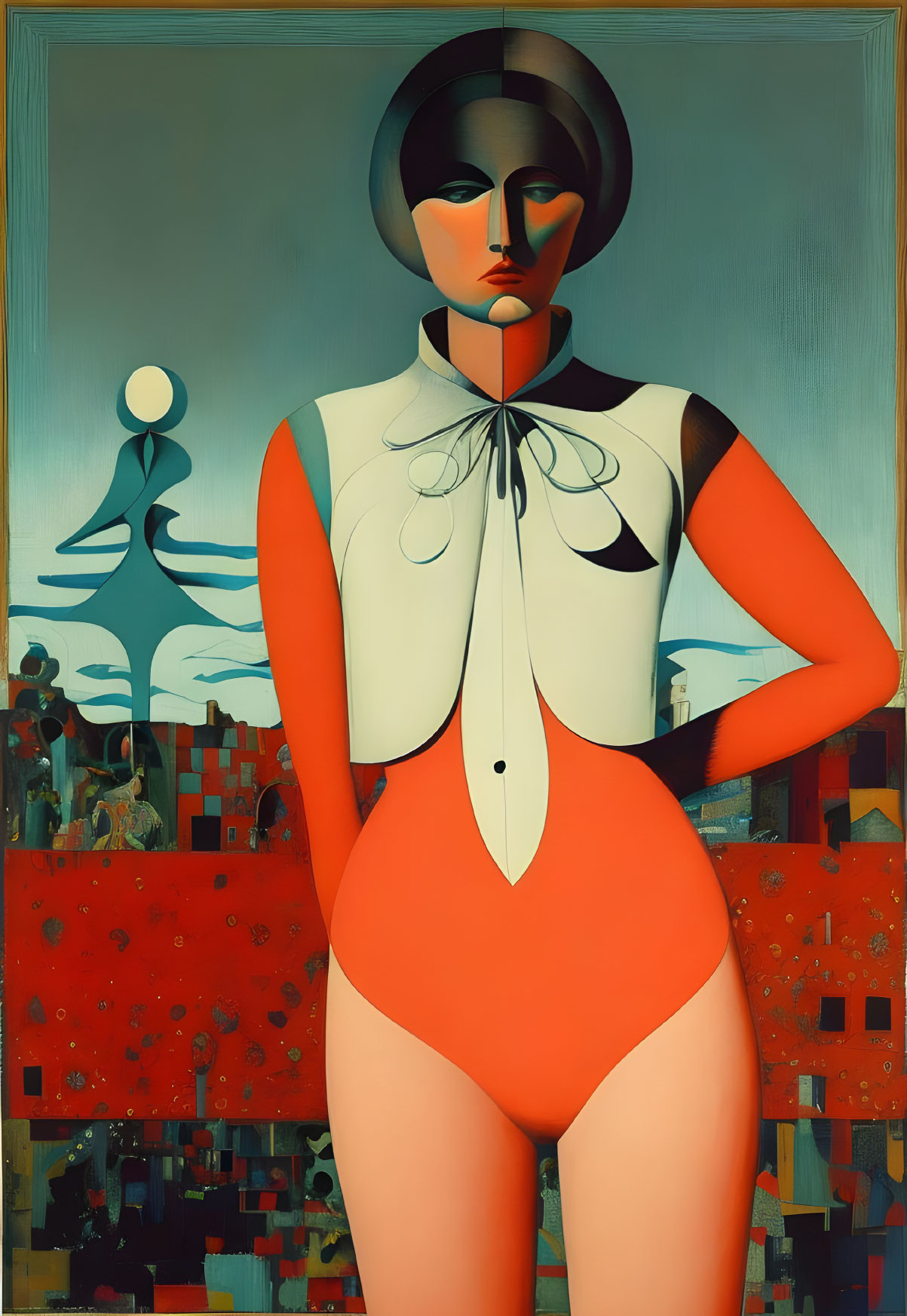 Surrealist painting with androgynous figure in red bodysuit on colorful background