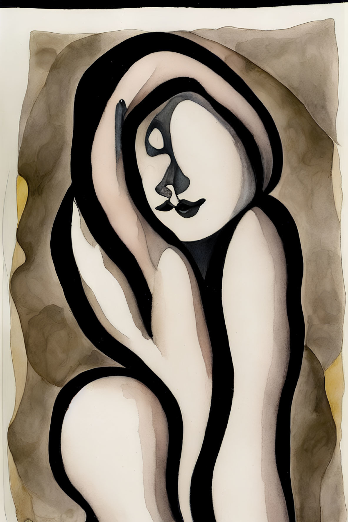 Stylized female figure with flowing lines and monochromatic color scheme