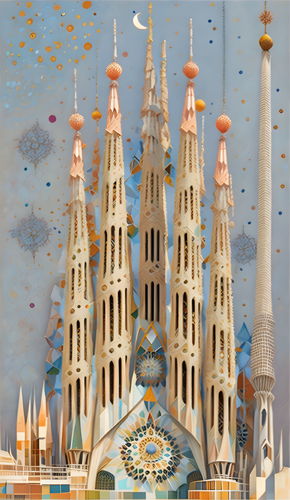 Detailed illustration of Sagrada Familia with intricate spires and colorful sky