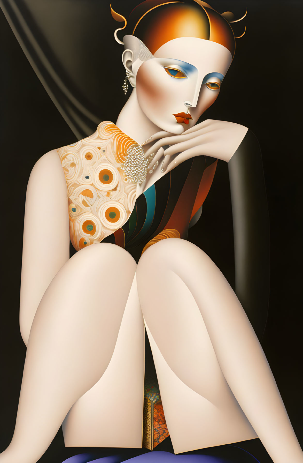 Stylized female figure in ornate costume with abstract face, seated with chin on hand