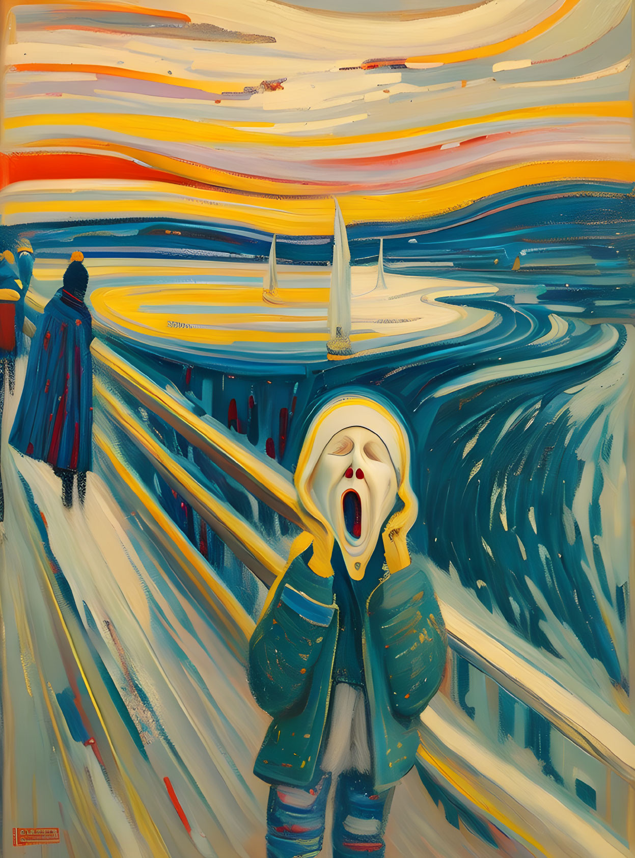 Stylized painting of person yawning with swirling sea, sky, figures, and sailboat