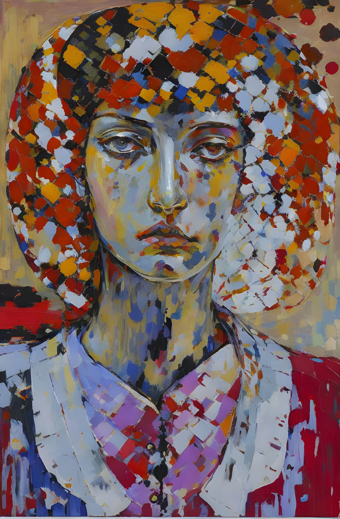 Vibrant painting of person with geometric hat on yellow and red backdrop