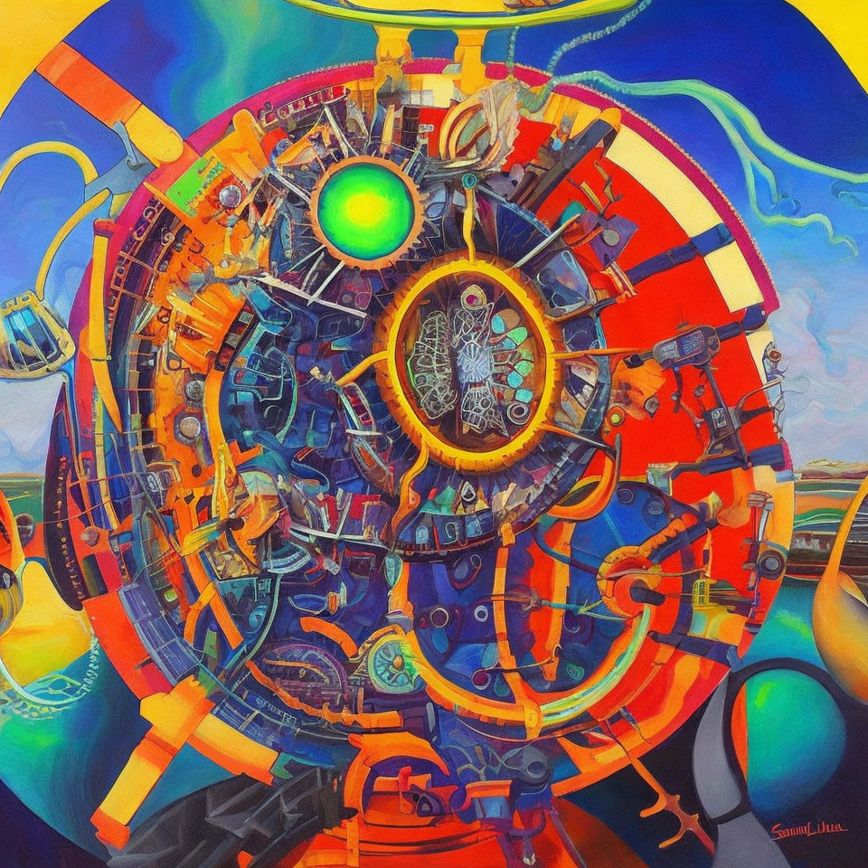 Colorful Abstract Painting of Mechanical Sphere on Vibrant Background