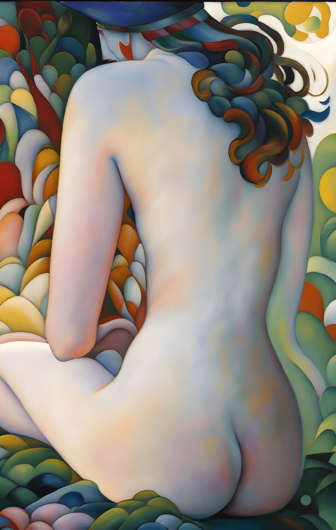 Seated nude figure with colorful foliage backdrop