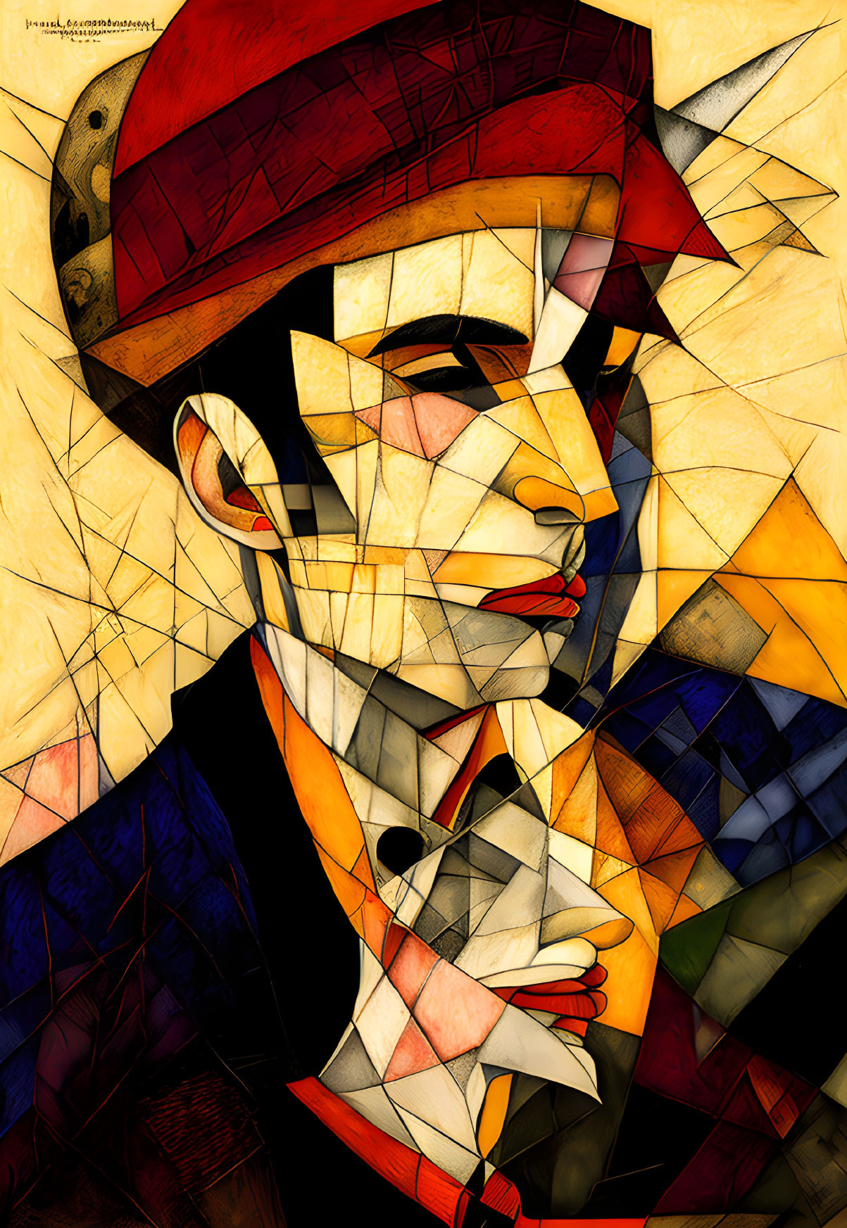 Vibrant abstract cubist portrait with red cap and geometric shapes