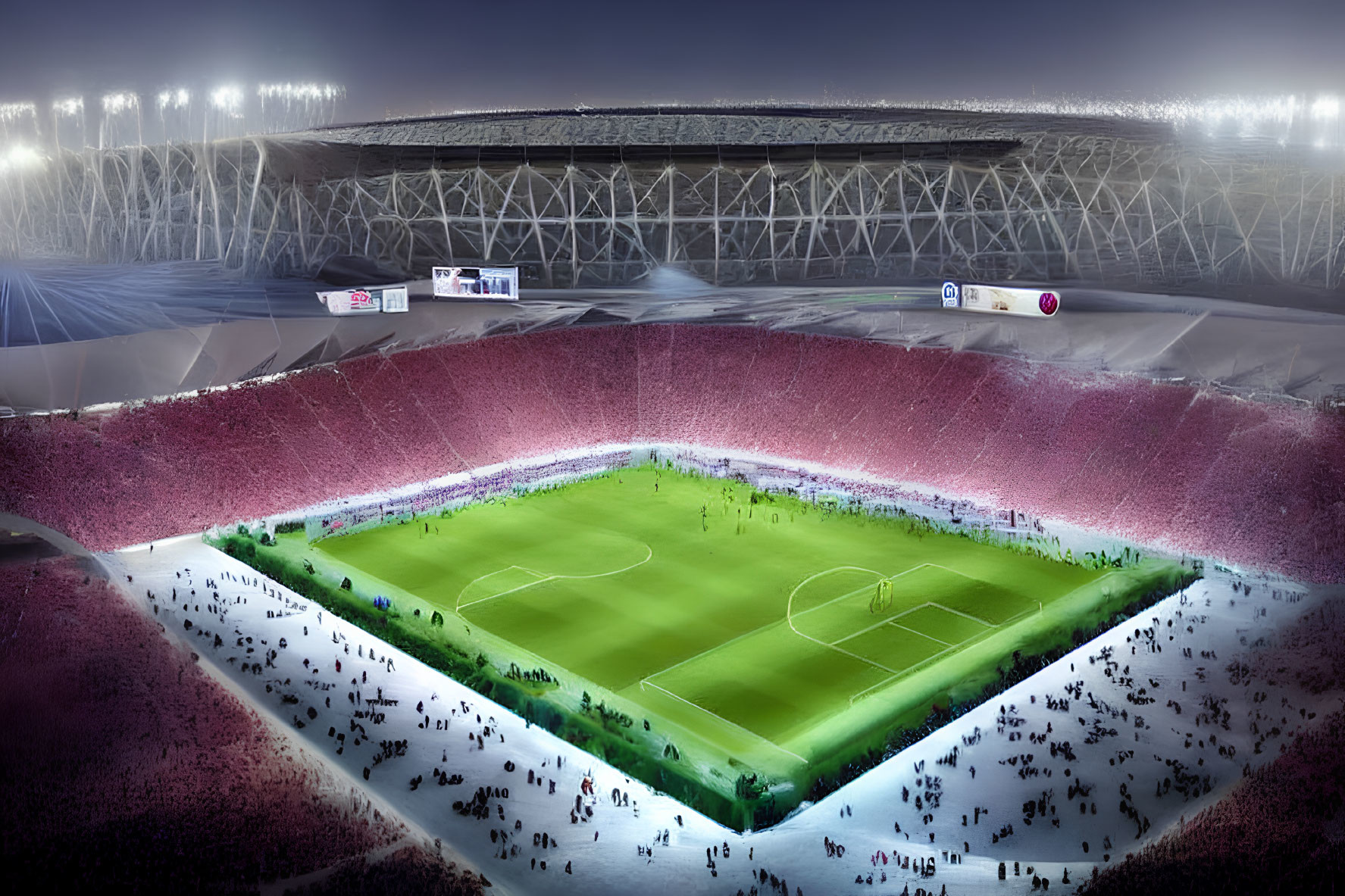 Nighttime soccer stadium with floodlights illuminating packed crowd and field.