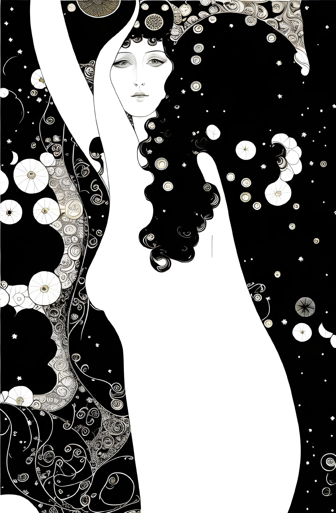 Monochrome celestial woman illustration with stars and moons