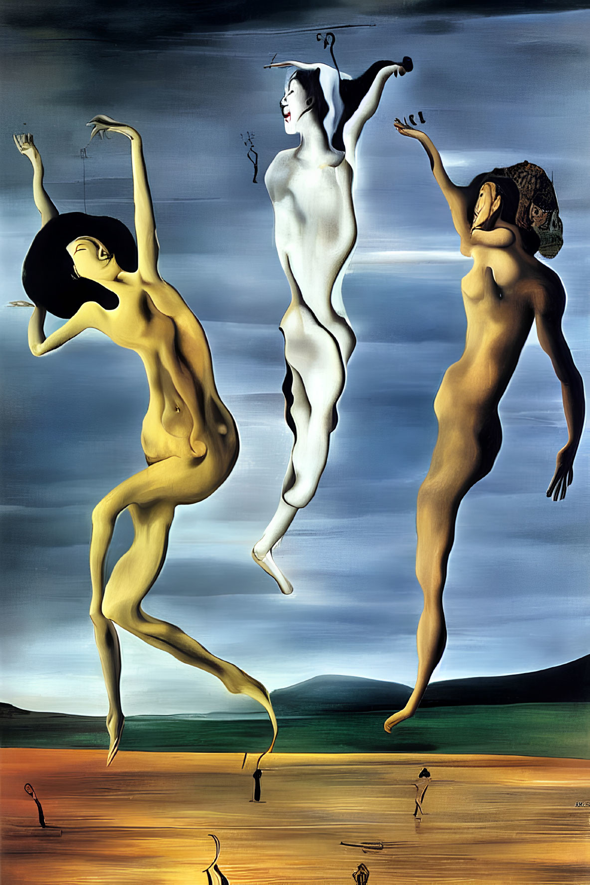 Surrealist painting: three floating figures above desert landscape