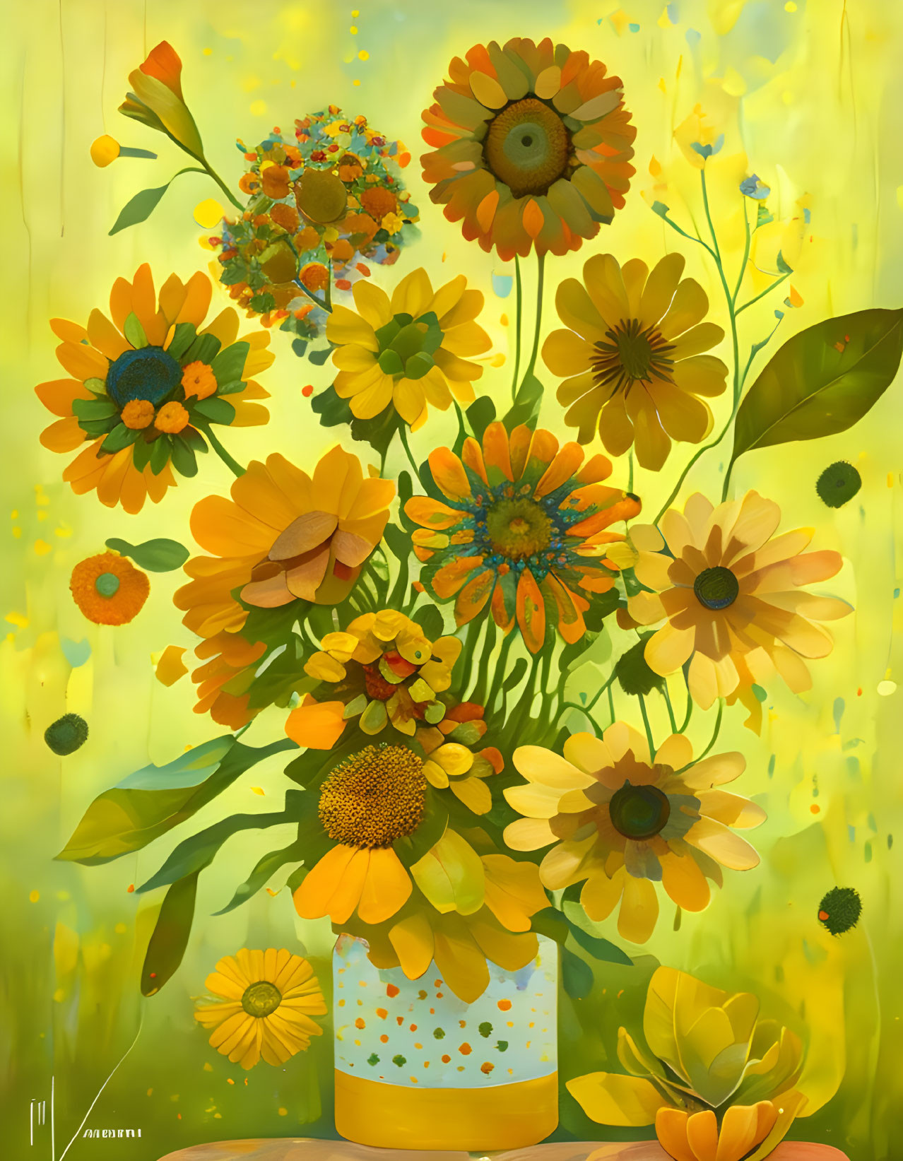 Colorful digital painting of sunflowers and mixed flowers on whimsical yellow background