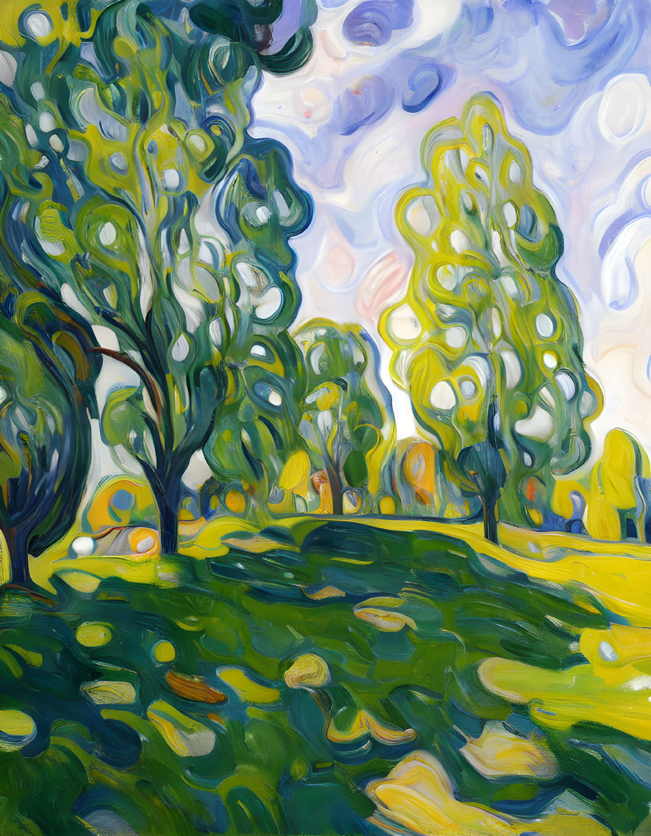 Impressionist-style painting of lush landscape with swirling tree canopies