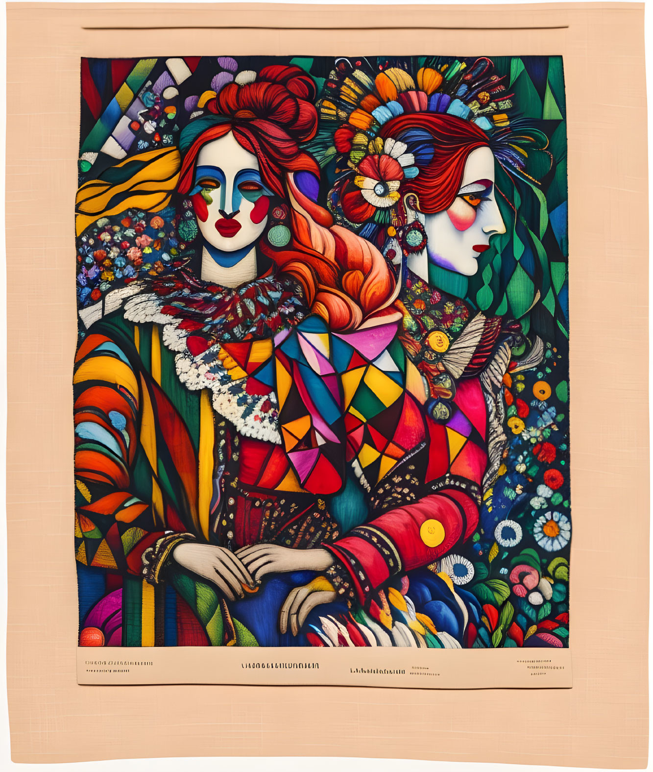 Vibrant illustration of two women in elaborate attire against stained glass backdrop