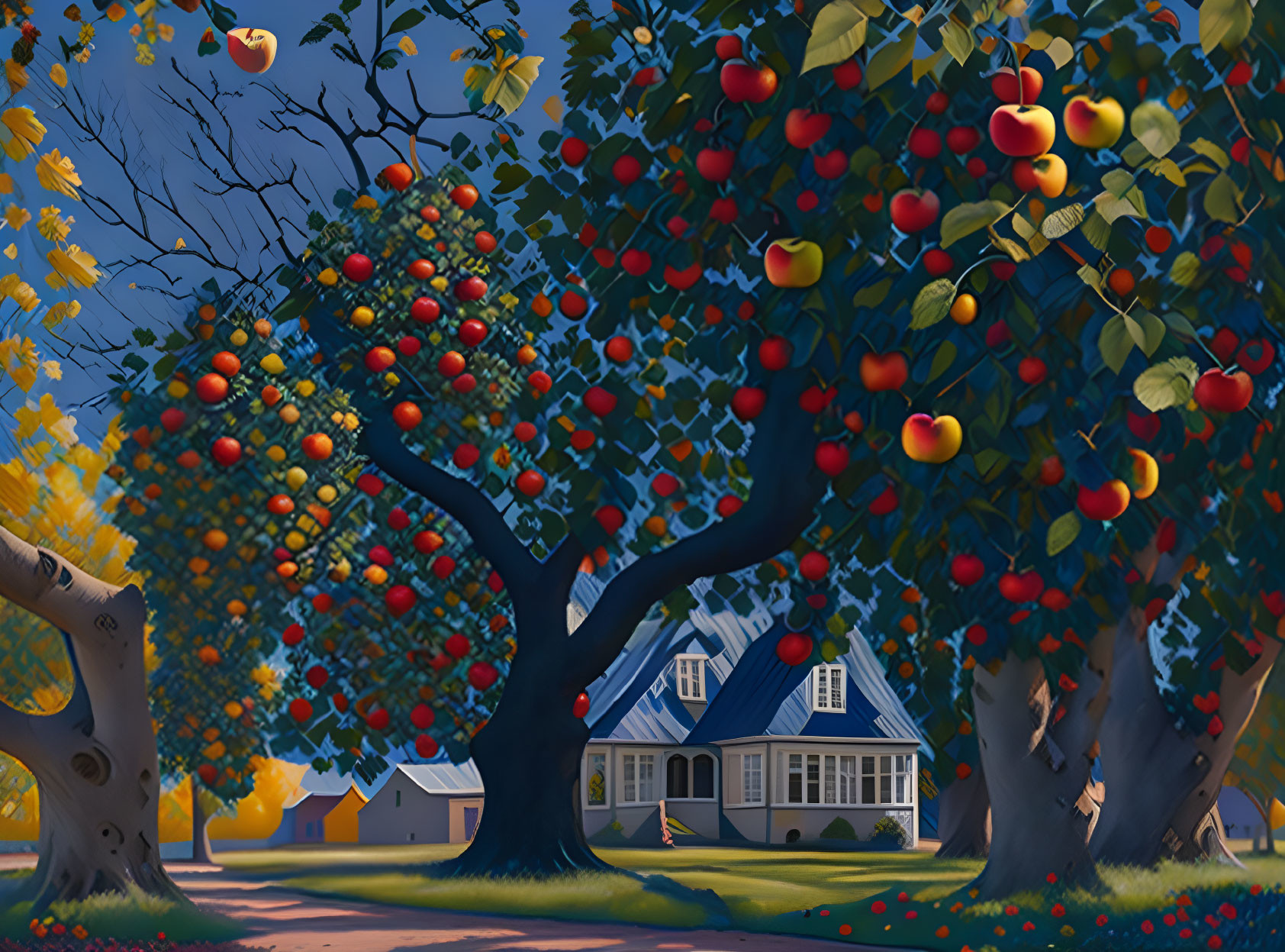 Vibrant twilight scene with red apple tree and cozy house in leafy suburb