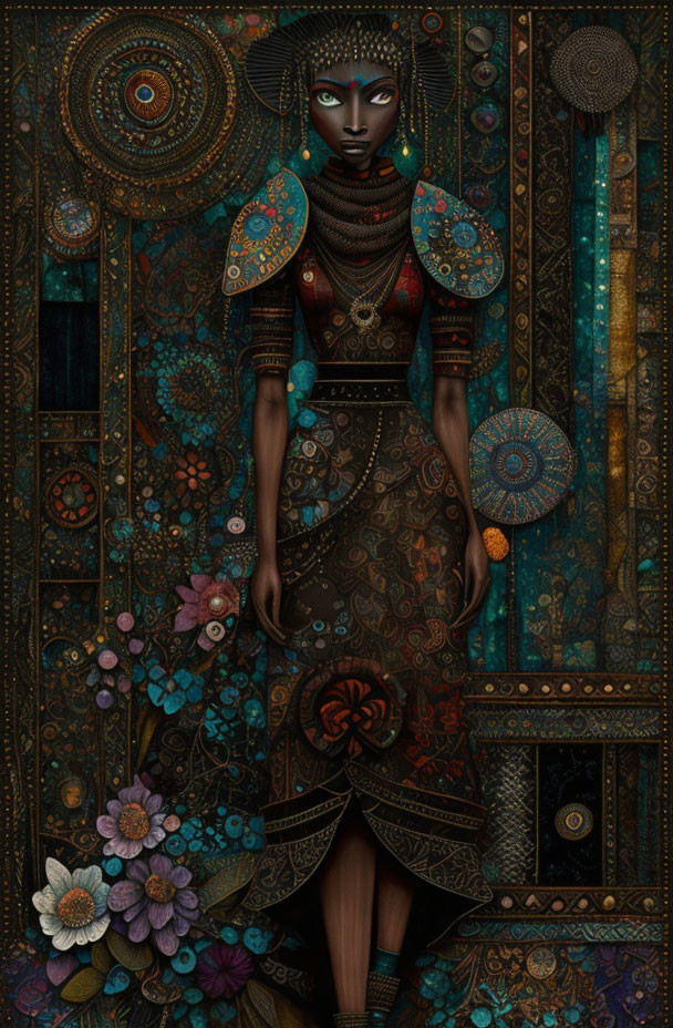 Stylized woman with ethnic patterns in dark palette