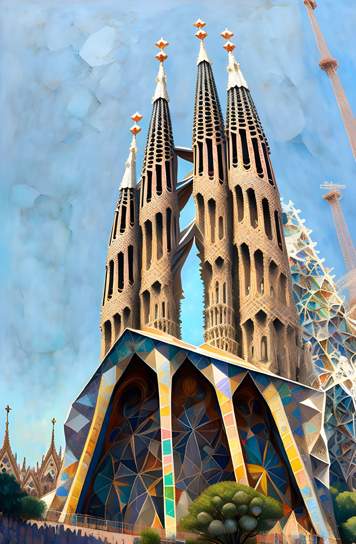 Intricate Sagrada Familia towers with mosaic facades under blue sky