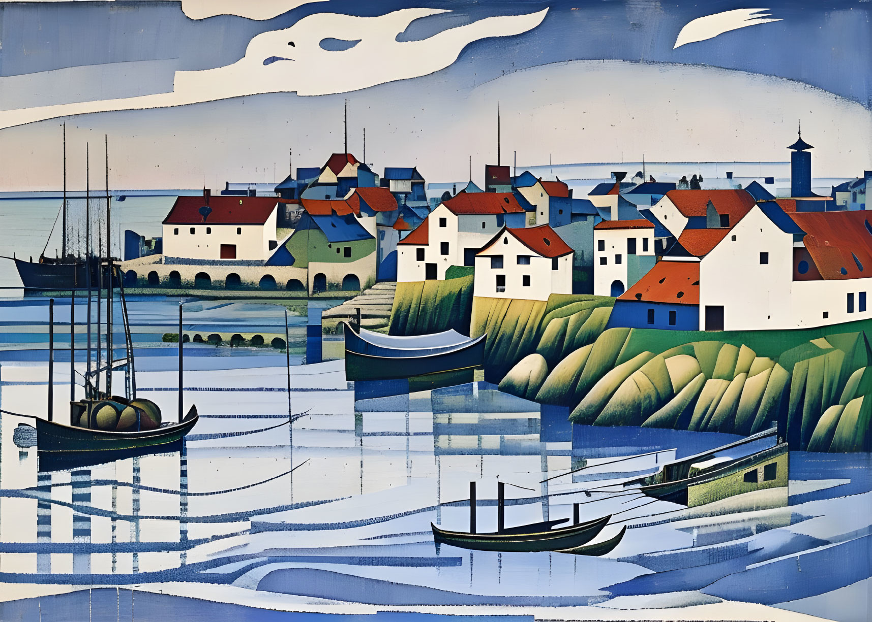 Coastal Village Painting: Boats, Green Hills, White Houses & Blue Sky