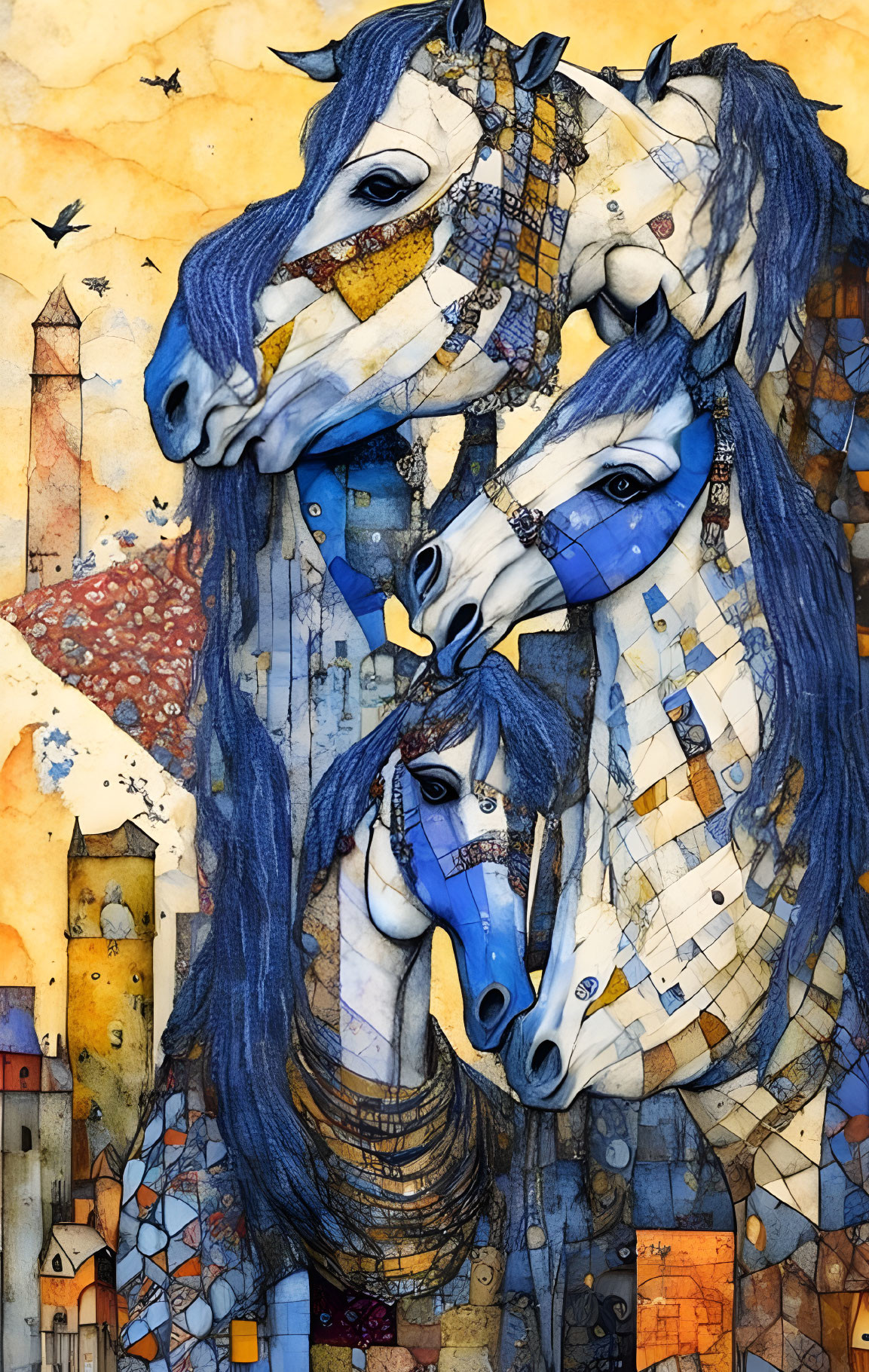 Abstract Patchwork Style Horses in Blue and Earth Tones on Townscape Background