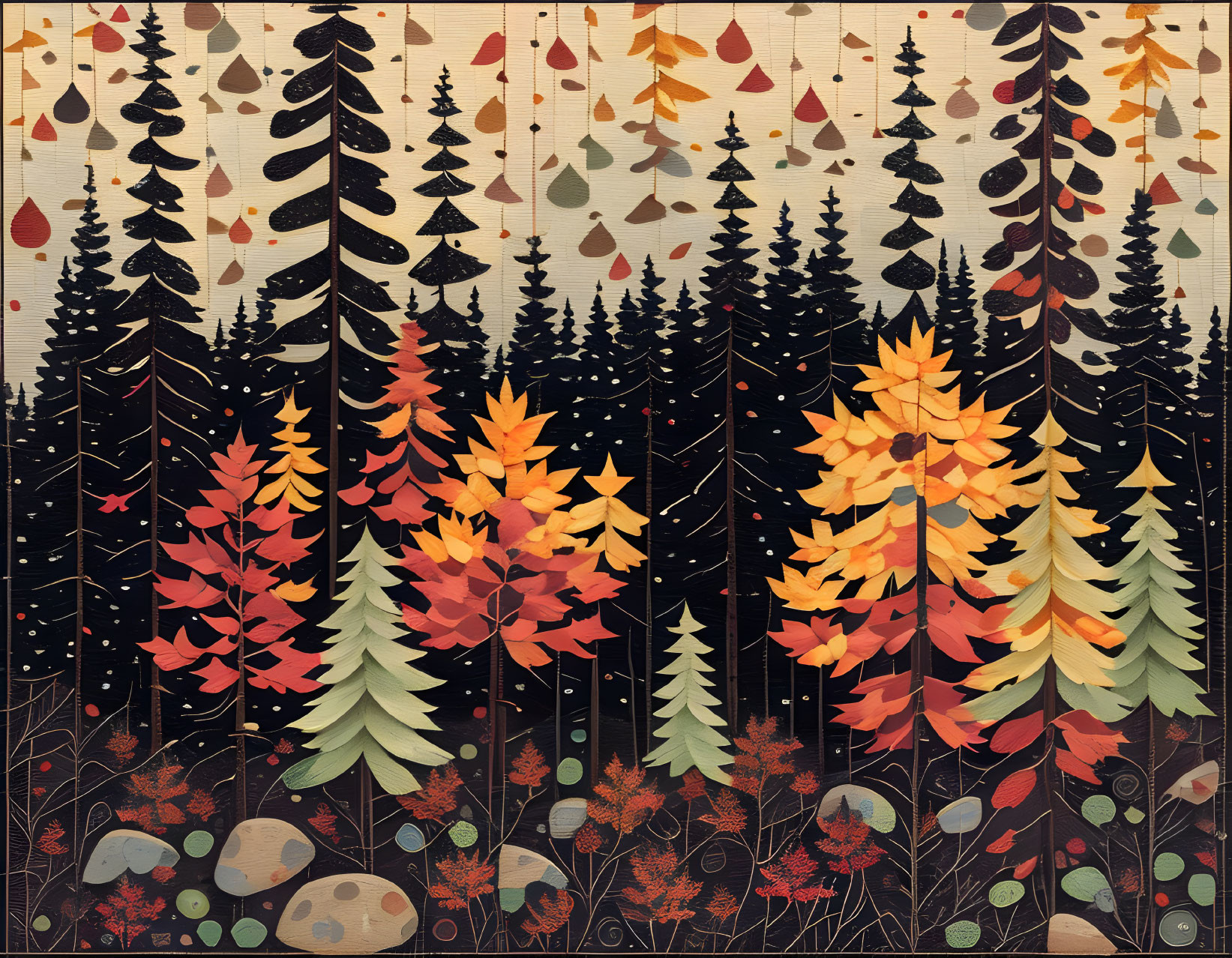 Colorful Autumn Forest Illustration with Falling Leaves and Textured Background