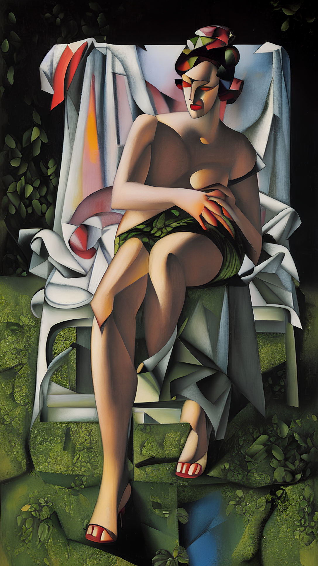 Stylized painting of woman on white chair with red and white cloth amidst green foliage