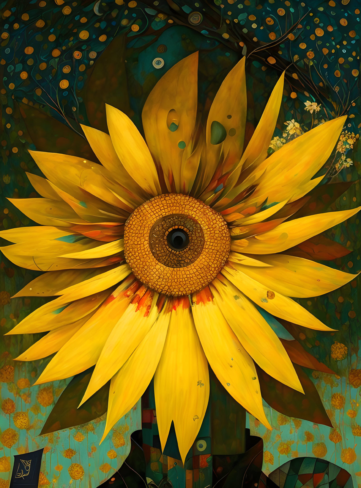 Vivid sunflower illustration with eye center on blue-green floral background