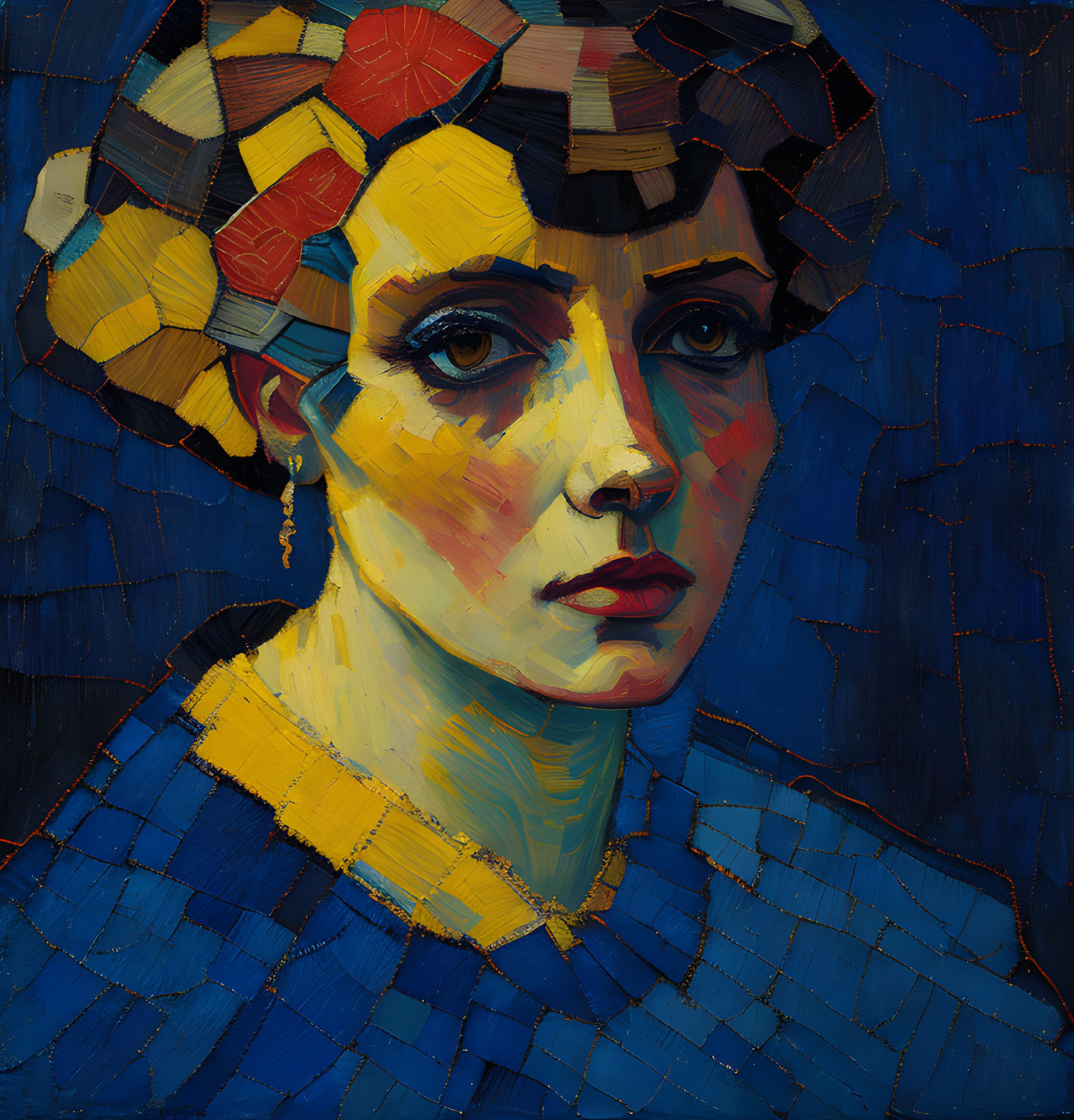 Colorful geometric headdress on woman with blue top, bold brushstrokes