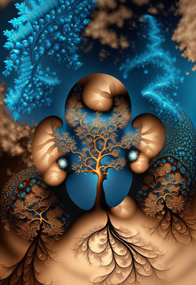 Symmetrical blue, brown, and orange fractal with tree-like structures and spirals