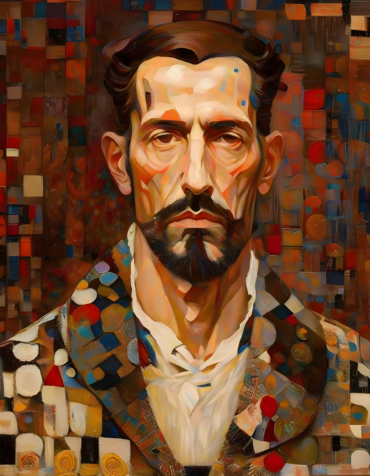 Colorful abstract portrait of a man with dark hair and beard