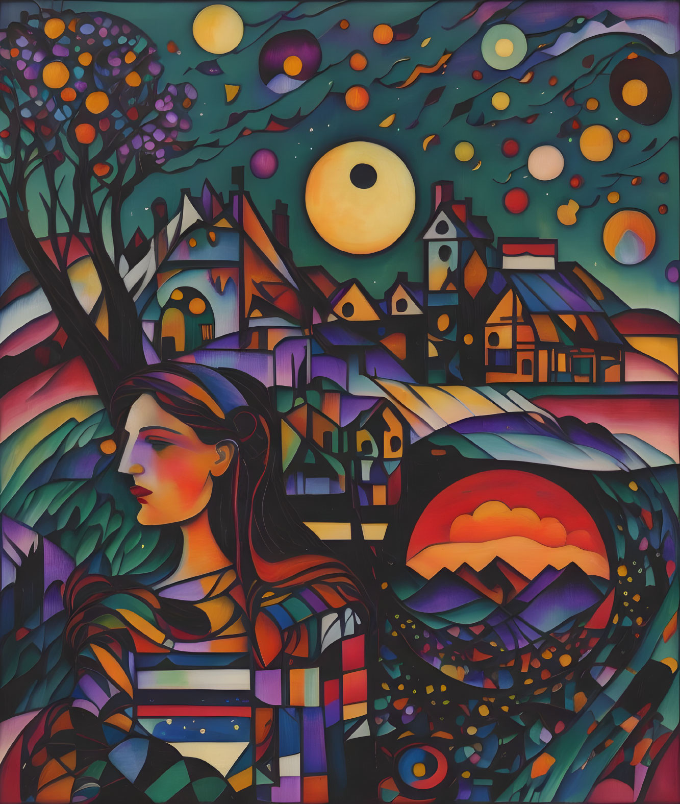 Vivid Woman Profile with Colorful Landscape and Celestial Elements