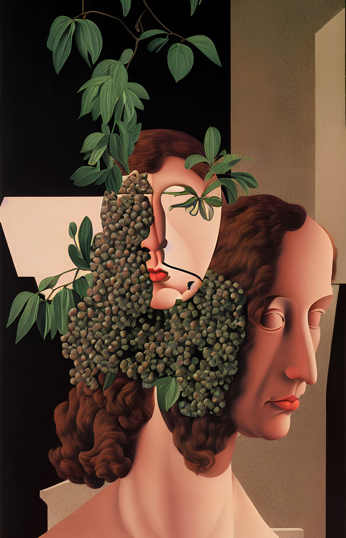 Woman's portrait split with vine of berries, surreal illusion