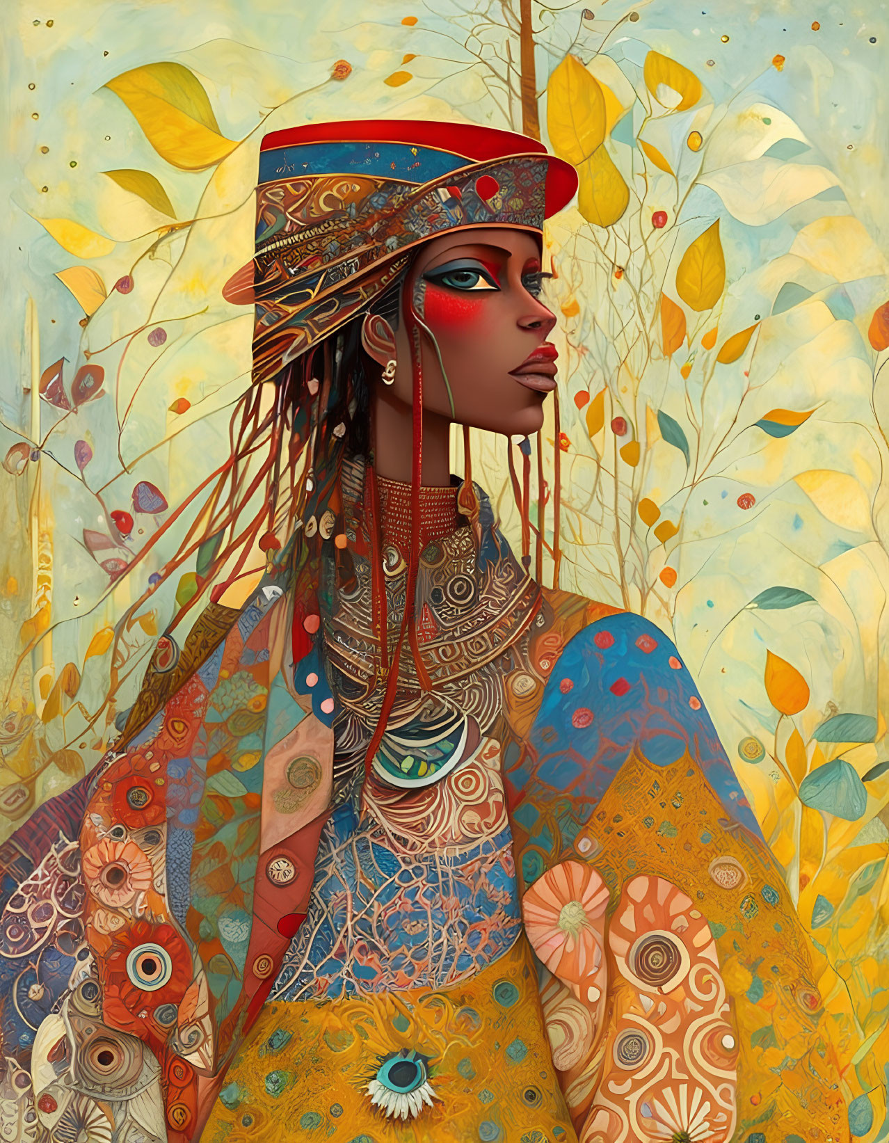 Stylized illustration of a woman with intricate patterns and jewelry in autumnal setting